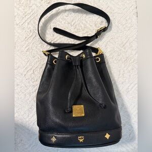MCM Black Leather Drawstring Shoulder Bag- COA Included EUC